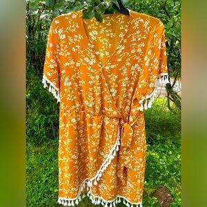Mustard yellow faux wrap dress with Tassels